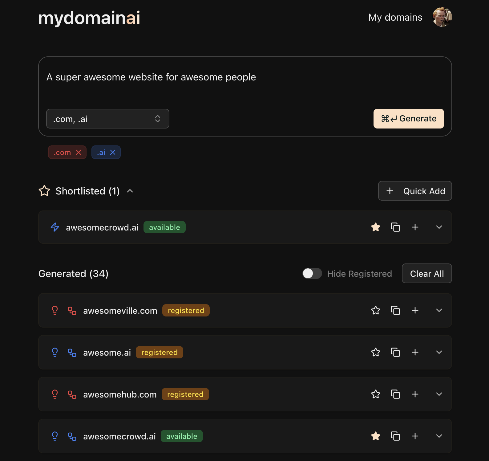 MyDomainAI App Screenshot